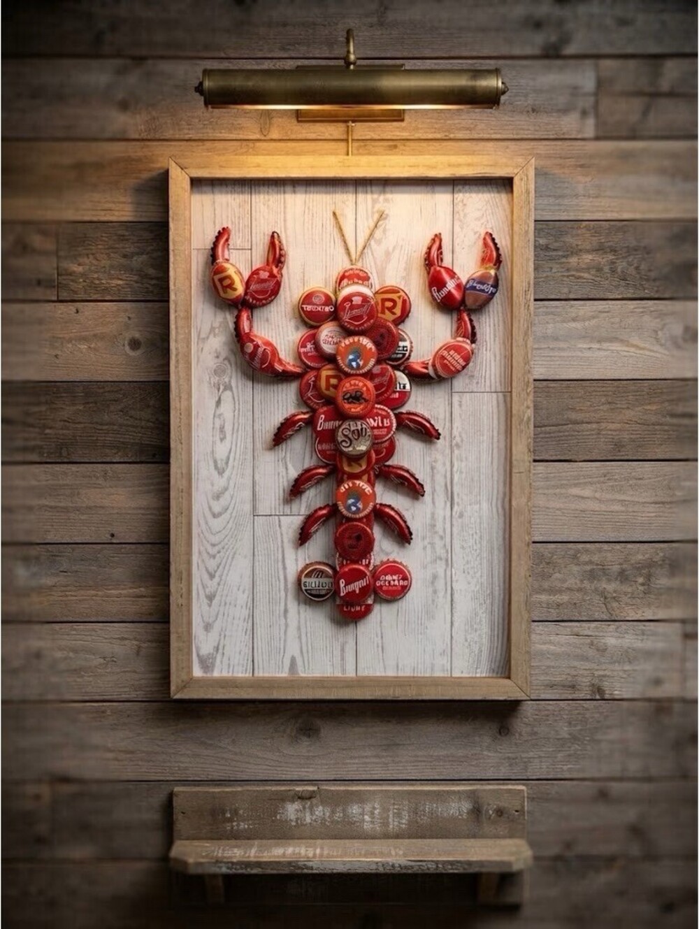 Beer Bottle Cap Wall Art - LOBSTER reclaimed wood - Handmade Framed 14.5” X 9.5”